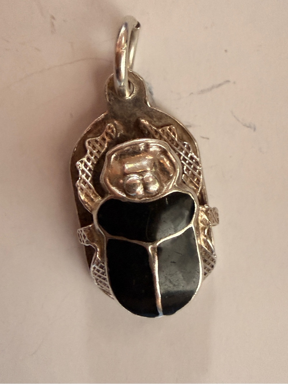 Vintage Sterling Silver Scarab Pendant Necklace Charm - Black Enamel